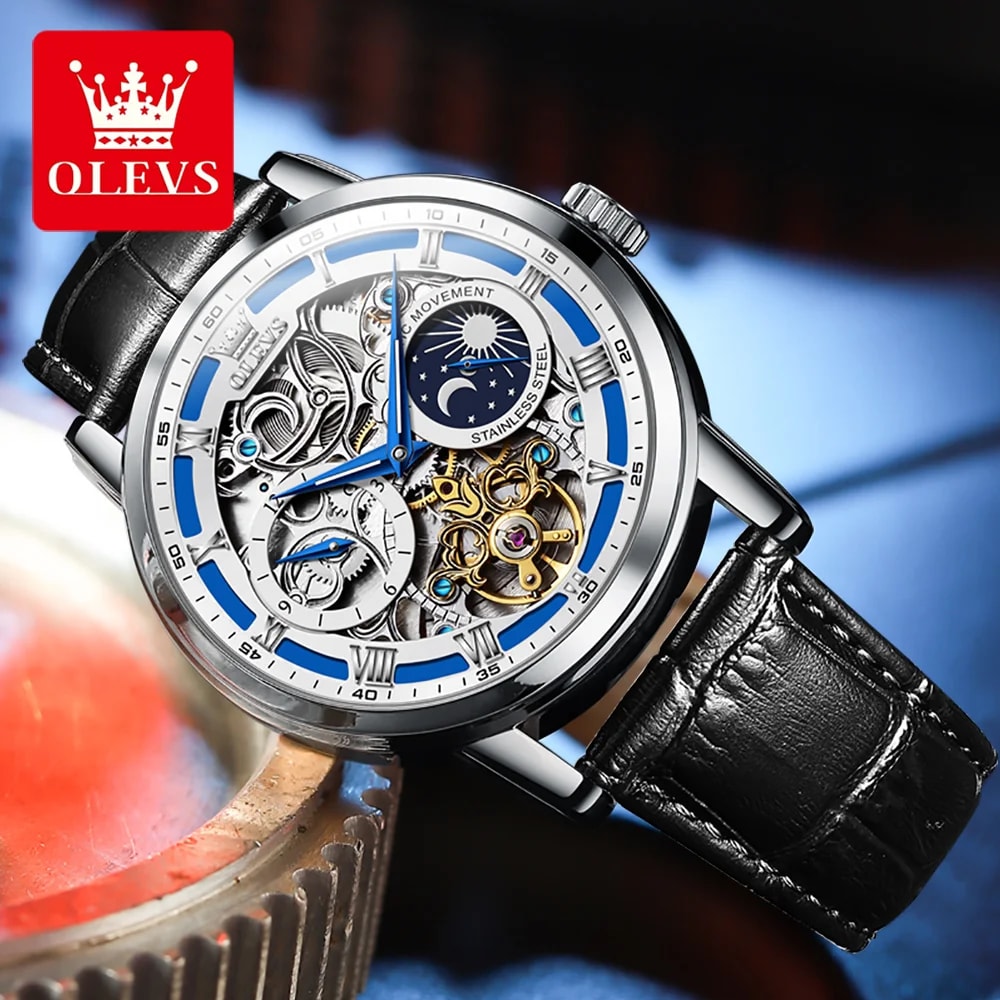 OLEVS Men Moon Phase Skeleton Mechanical Watch